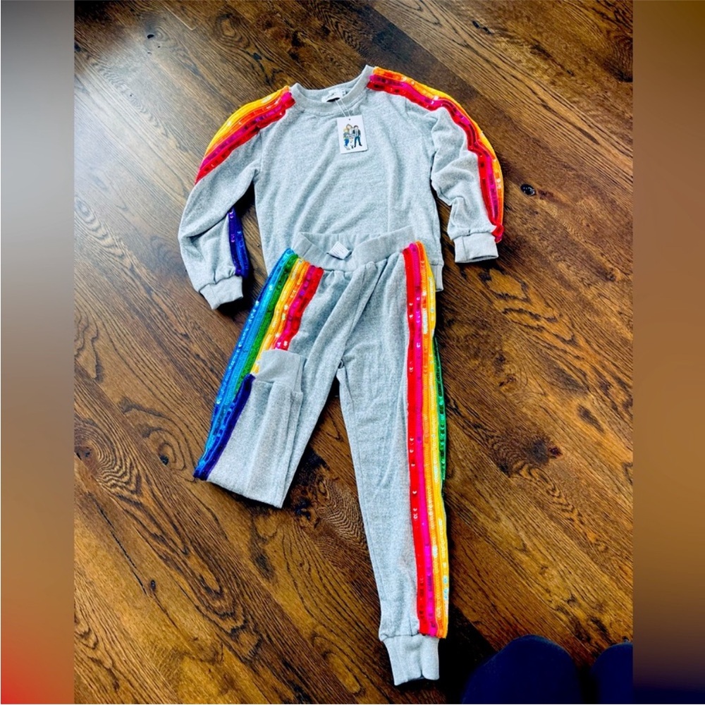 Gray Tracksuit with Rainbow Sequin Stripes